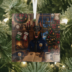 Doberman Pinscher Police Holiday Glass Tree Decoration