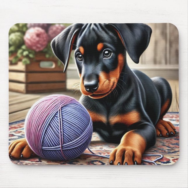 Doberman Pinscher Puppy with Yarn Ball on a Rug Mouse Mat (Front)