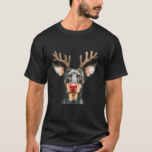 Doberman Pinscher Reindeer Christmas Lights Dog Lo T-Shirt (Front)