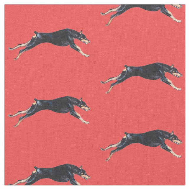 Doberman Pinscher Running Red Dog Art Fabric (Close Up)