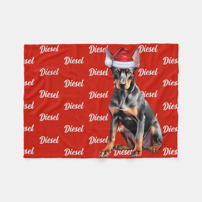 Doberman Pinscher Santa Dog Custom Name Christmas Fleece Blanket (Front (Horizontal))