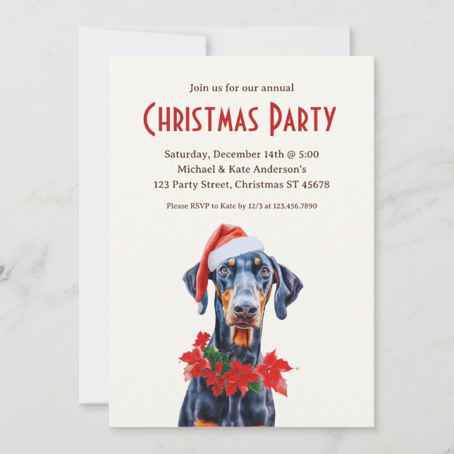 Doberman Pinscher Santa Hat Dog Christmas Party Invitation (Front)