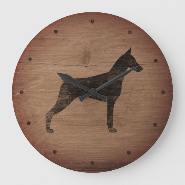 Doberman Pinscher Silhouette Rustic Style Large Clock (Front)