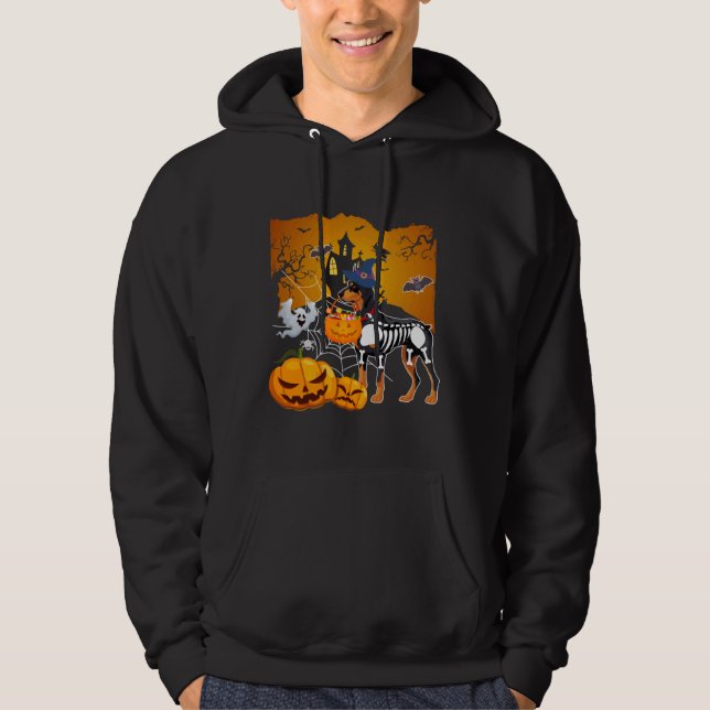 Doberman Pinscher Skeleton Halloween Happy Pumpkin Hoodie (Front)