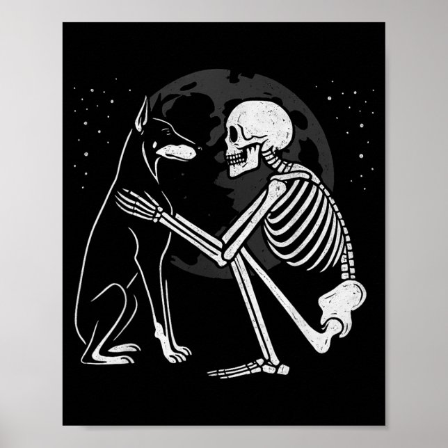 Doberman Pinscher Skeleton Moon Halloween Dog Poster (Front)