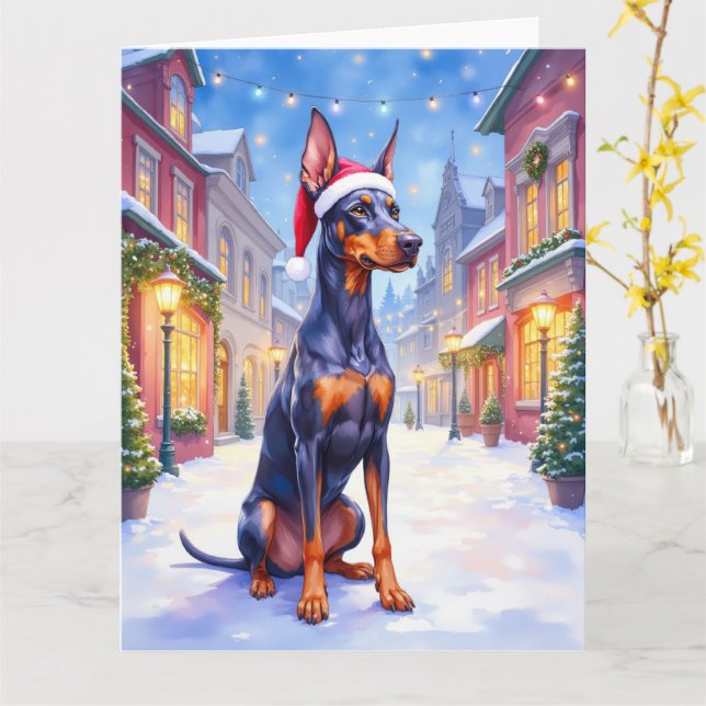 Doberman Pinscher Snowy Village Santa Hat Christma Card (Yellow Flower)