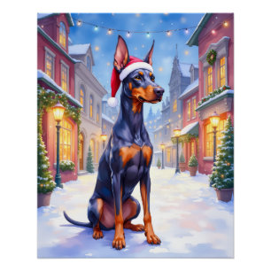 Doberman Pinscher Snowy Village Santa Hat Christma Poster
