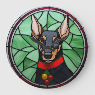 Doberman Pinscher Stained Glass Christmas  Large Clock
