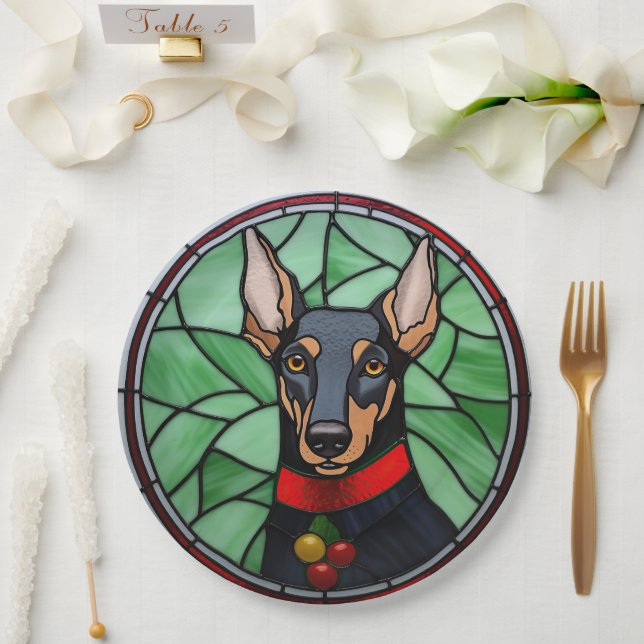 Doberman Pinscher Stained Glass Christmas  Paper Plate (Wedding)