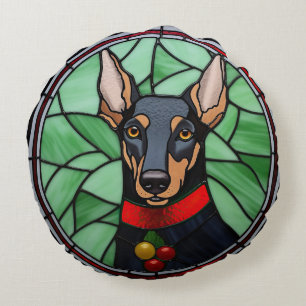 Doberman Pinscher Stained Glass Christmas  Round Cushion