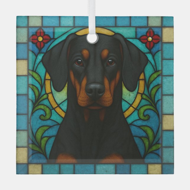 Doberman Pinscher Uncropped Dog "Stained Glass"  Glass Tree Decoration (Front)