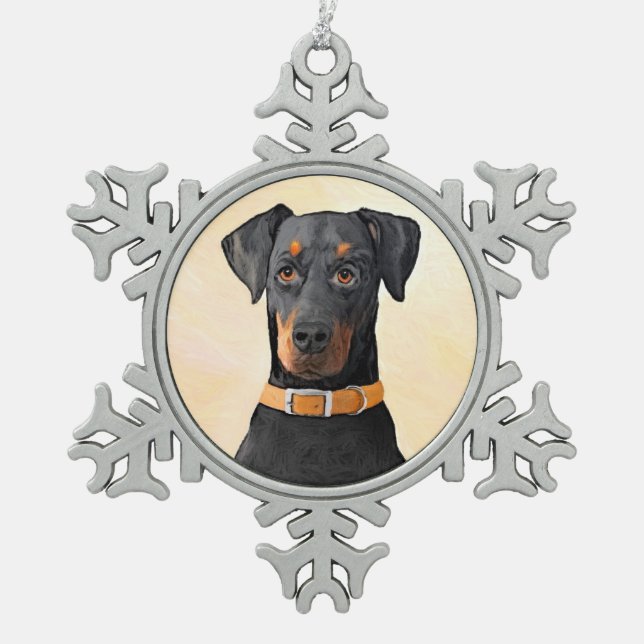 Doberman Pinscher Uncropped Painting Original Art Snowflake Pewter Christmas Ornament (Front)