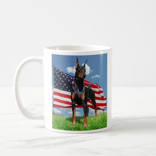 Doberman Pinscher w Flag & clouds Mug