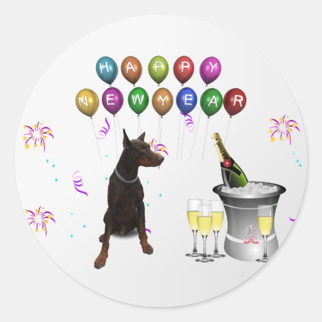 Doberman Pinscher wishing Happy New Year 2016 Classic Round Sticker (Front)