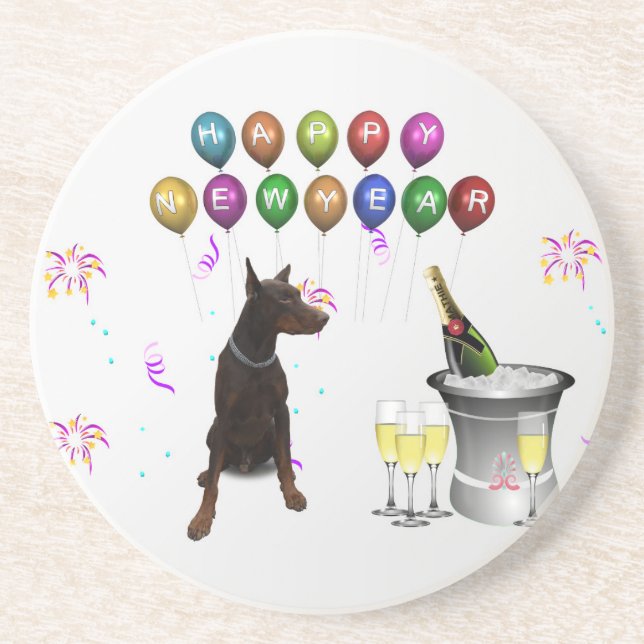 Doberman Pinscher wishing Happy New Year 2016 Coaster (Front)