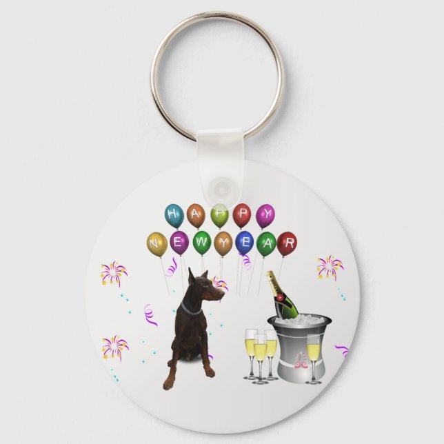 Doberman Pinscher wishing Happy New Year 2016 Key Ring (Front)
