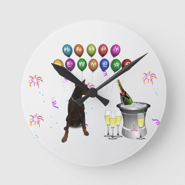 Doberman Pinscher wishing Happy New Year 2016 Round Clock (Front)