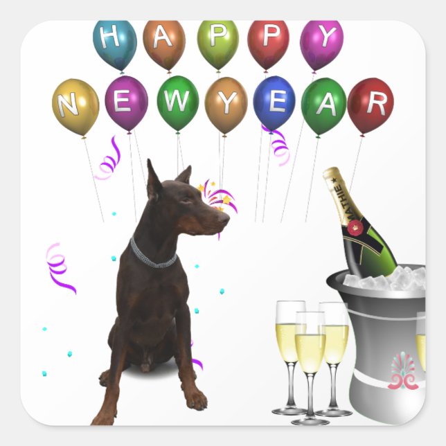 Doberman Pinscher wishing Happy New Year 2016 Square Sticker (Front)