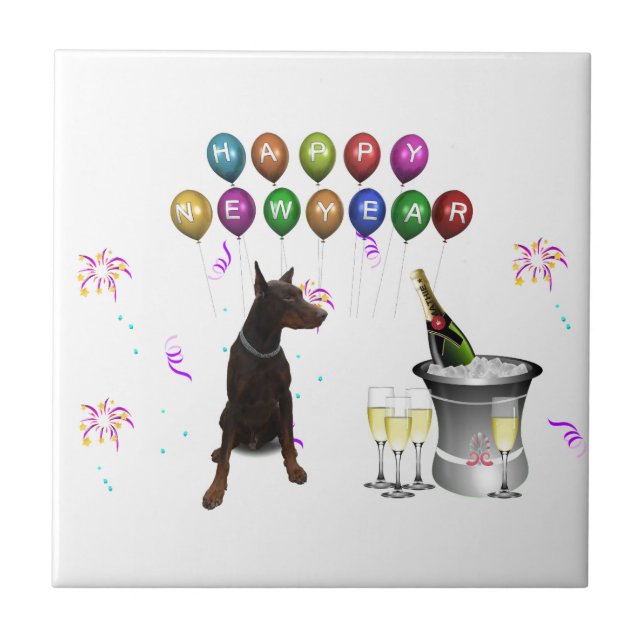 Doberman Pinscher wishing Happy New Year 2016 Tile (Front)