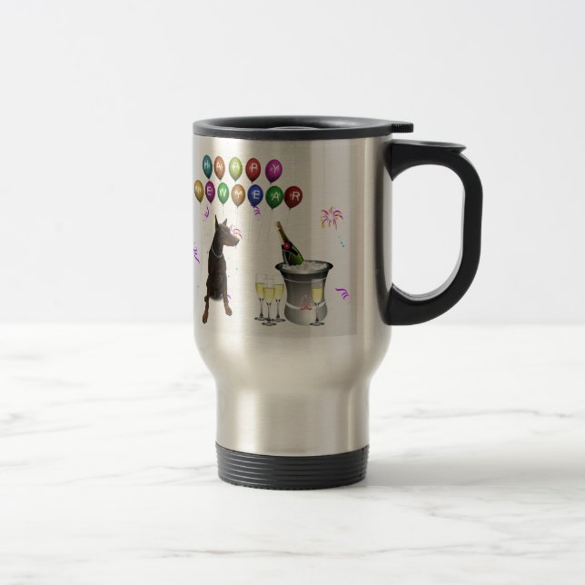 Doberman Pinscher wishing Happy New Year 2016 Travel Mug (Right)