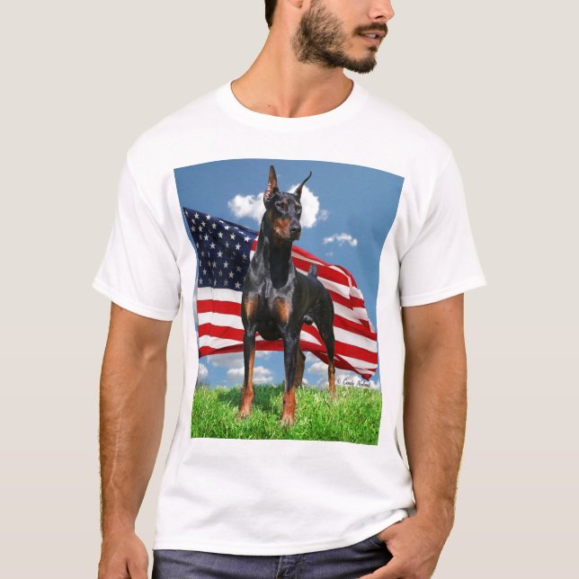 Doberman Pinscher with Flag t-shirt (Front)