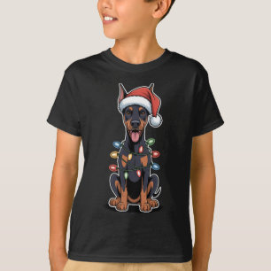 Doberman Pinscher Wrapped In Christmas Lights T-Shirt