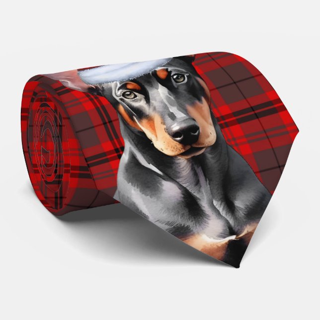 Doberman Pinshce Dog Lover Holiday Plaid Christmas Tie (Rolled)