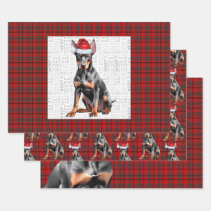 Doberman Pinshcer Christmas Dog and Red Plaid Wrapping Paper Sheet