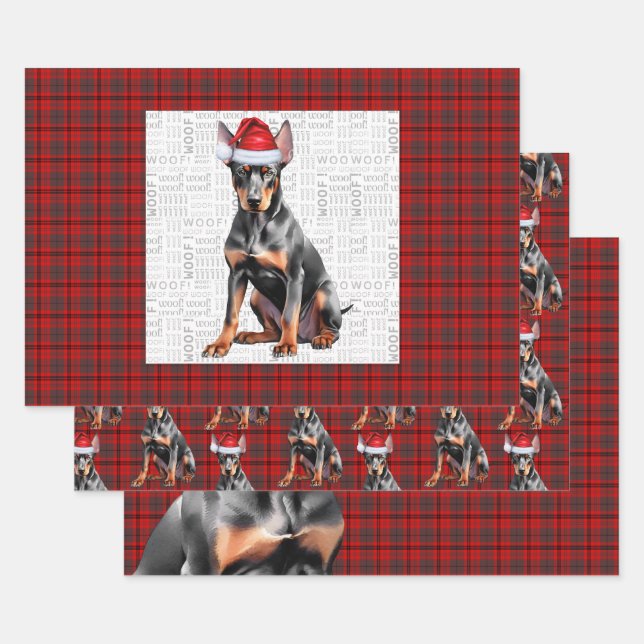 Doberman Pinshcer Christmas Dog and Red Plaid Wrapping Paper Sheet (Set)