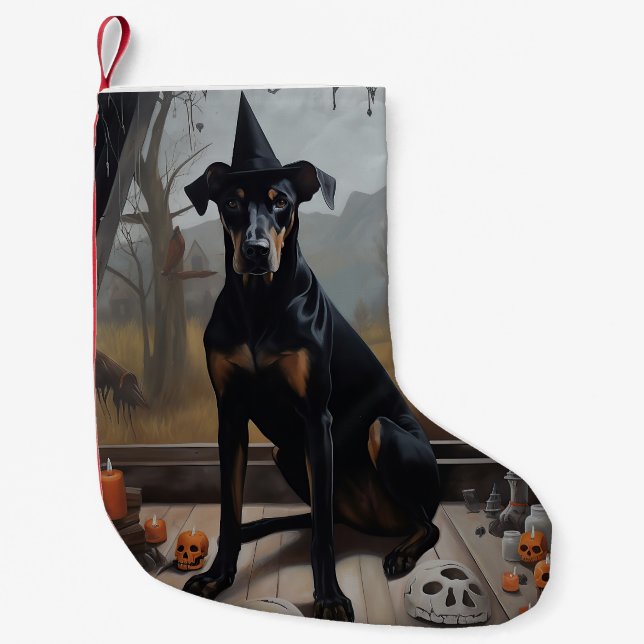 Doberman Pumpkins Halloween Scary Small Christmas Stocking (Front)