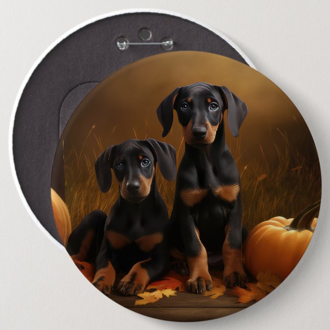 Doberman Puppy Autumn Delight Pumpkin  6 Cm Round Badge (Front & Back)