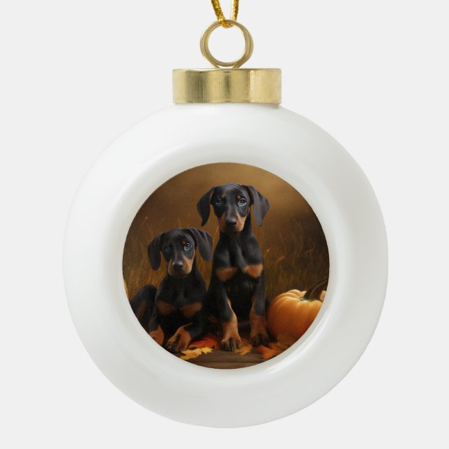 Doberman Puppy Autumn Delight Pumpkin  Ceramic Ball Christmas Ornament (Front)