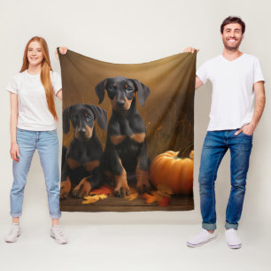 Doberman Puppy Autumn Delight Pumpkin  Fleece Blanket