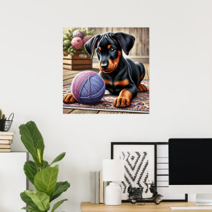 Doberman  Puppy with Yarn Ball on a Colourful Rug Poster
