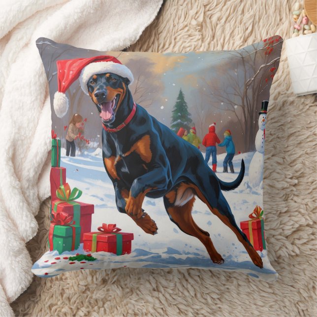 Doberman Running in Snow with Christmas Hat Cushion (Blanket)