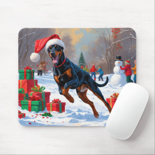 Doberman Running in Snow with Christmas Hat Mouse Mat