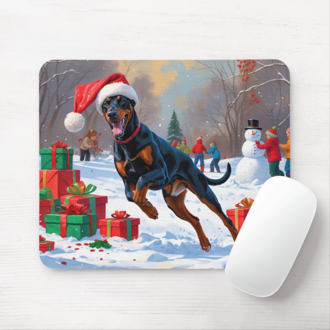 Doberman Running in Snow with Christmas Hat Mouse Mat (With Mouse)