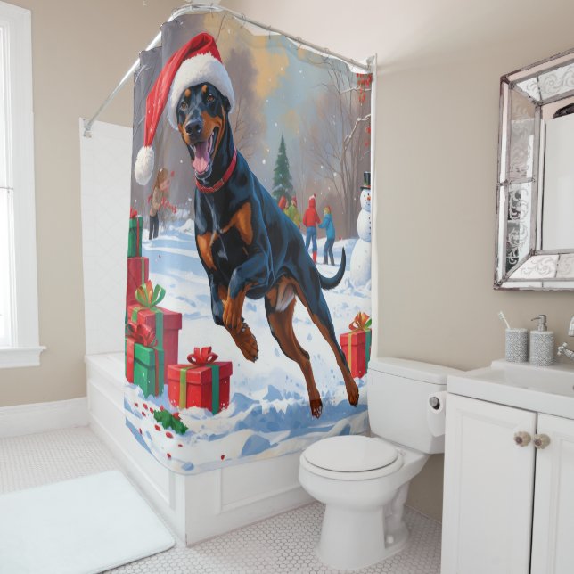 Doberman Running in Snow with Christmas Hat Shower Curtain (In Situ)