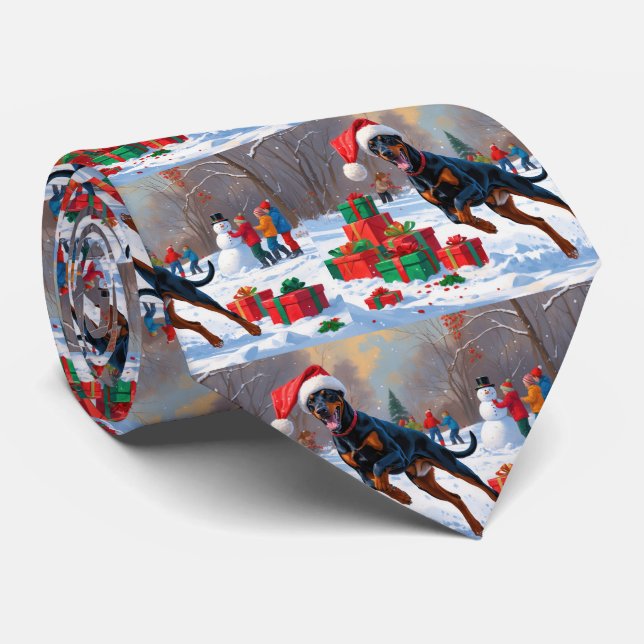 Doberman Running in Snow with Christmas Hat Tie (Rolled)
