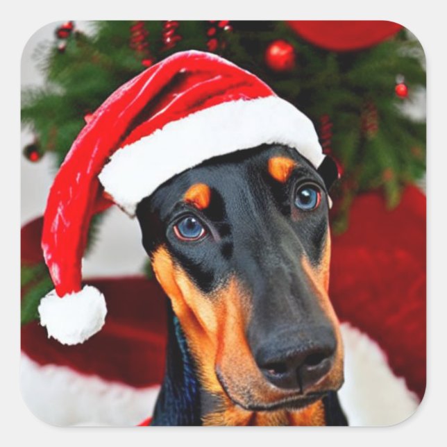 Doberman Santa Hat Square Sticker (Front)
