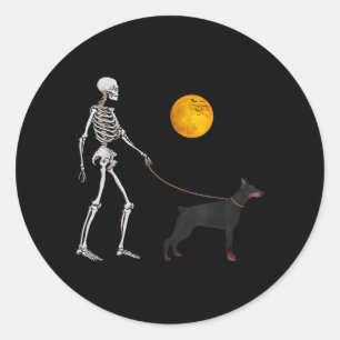 Doberman Skeleton Dog Walking Halloween Costume Classic Round Sticker