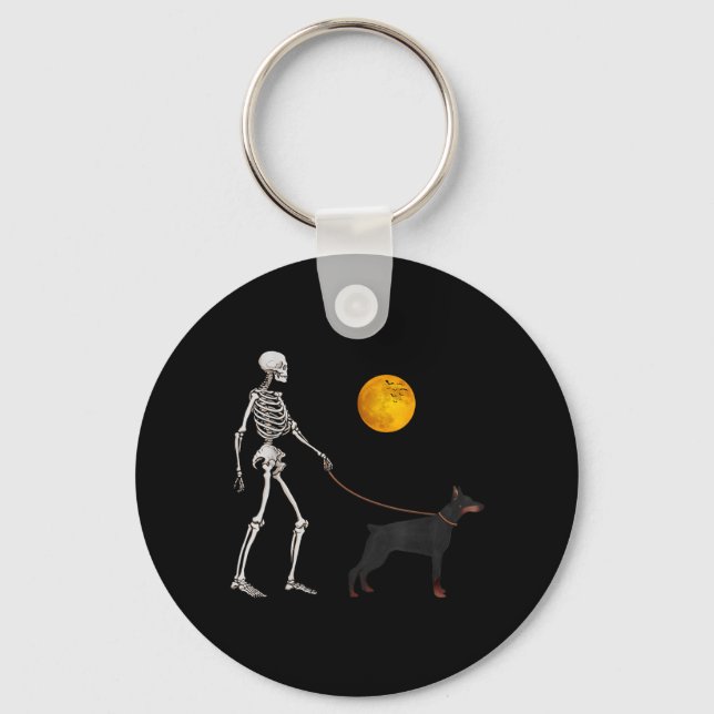 Doberman Skeleton Dog Walking Halloween Costume Key Ring (Front)