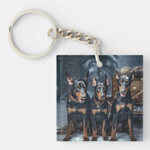 Doberman Snowy Sleigh Christmas Decor  Key Ring