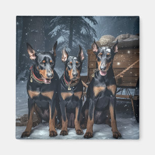 Doberman Snowy Sleigh Christmas Decor  Magnet