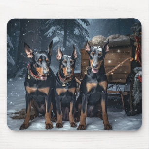 Doberman Snowy Sleigh Christmas Decor Mouse Mat