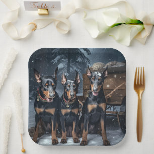 Doberman Snowy Sleigh Christmas Decor  Paper Plate