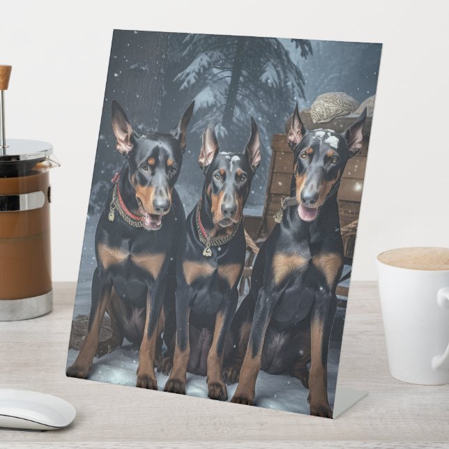Doberman Snowy Sleigh Christmas Decor  Pedestal Sign (In SItu)