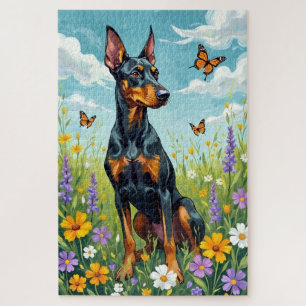 Doberman Spring Meadow Floral Dog Jigsaw Puzzle