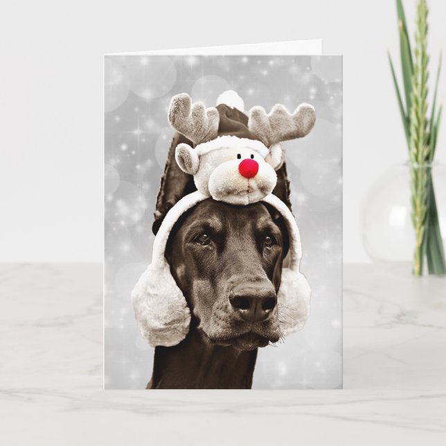 Doberman Winter Merry Christmas Holiday Card (Front)