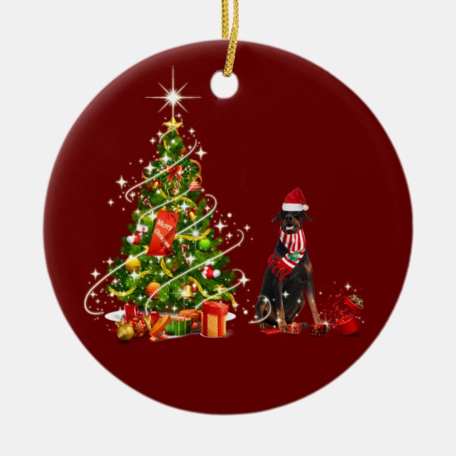 doberman With Hat Scaft Christmas Ceramic Tree Decoration (Front)